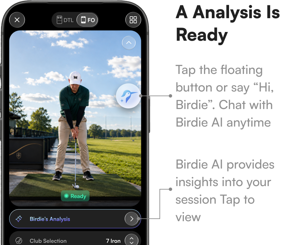 App screen while taking shots, with Birdie AI callouts