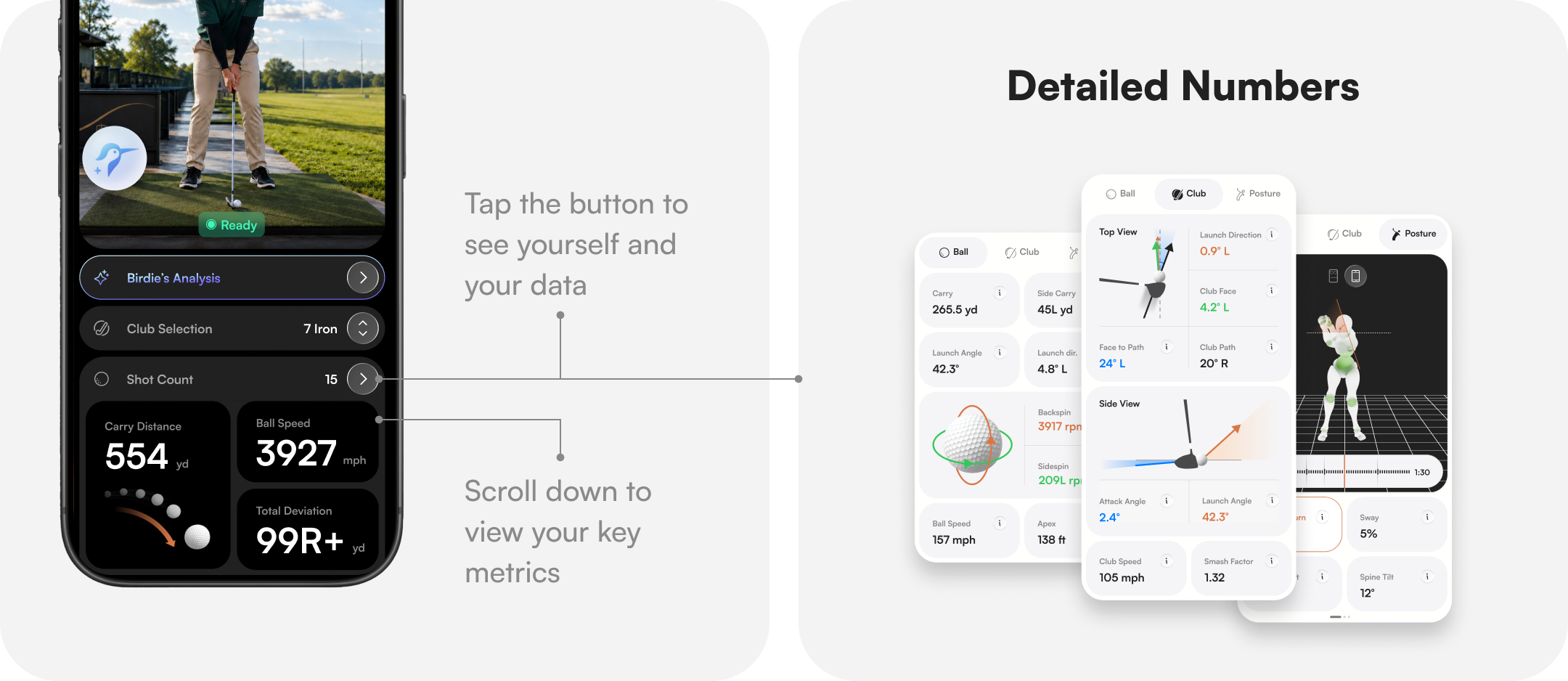 Detailed ball, club, and body motion data on two screens